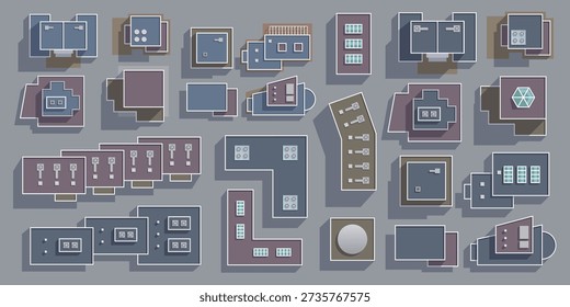 Vector illustration of an overhead view of different types of roofs of modern buildings. Top view to create an architectural plan of a district, city, village. View from above. Aerial