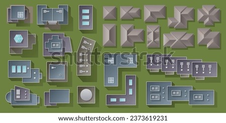 Vector illustration of an overhead view of different types of roofs of modern buildings. Top view to create an architectural plan of a district, city, village. View from above.