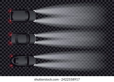 Vector illustration of an overhead view of the headlights of three black cars on a dark background. Aerial. View from above.