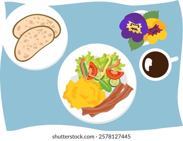 A vector illustration of an overhead view of a stylish dining table decorated with flowers and breakfast consisting of scrambled eggs, bacon, rye bread and salad