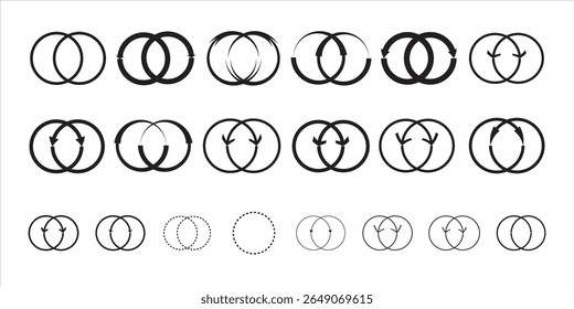 Vector illustration of overlapping circular arrow icons in various styles, representing concepts like connection, process, recycling, and infinite loops.