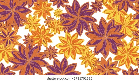 Ilustração vetorial de flores estilizadas sobrepostas em roxo, laranja e amarelo com simetria radial e camadas vibrantes