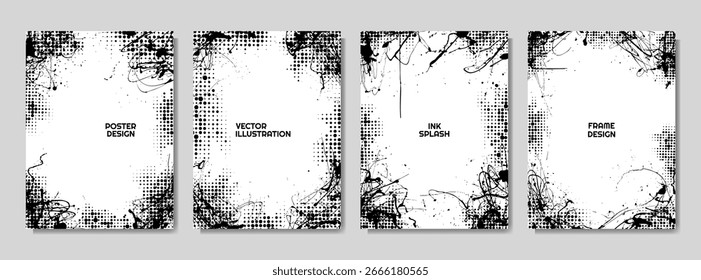 Sobreposição de ilustração vetorial. Conjunto de quadros abstratos desenhados à mão. Traçados de pincel de tinta, tinta líquida e pontos de meio-tom. Design para cartaz, convite, cartão de presente, cupom, capa de livro, revista. Banner do Grunge