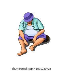 Vector illustration of overweight boy sitting and looking on his feet