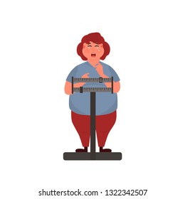 Vector illustration overweight fat woman on the weight scale . Concept Health problems of fast food.