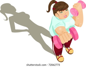A vector illustration of an overweight girl exercising trying to lose weight, the shadow shows the slim shape that she wants to be in.