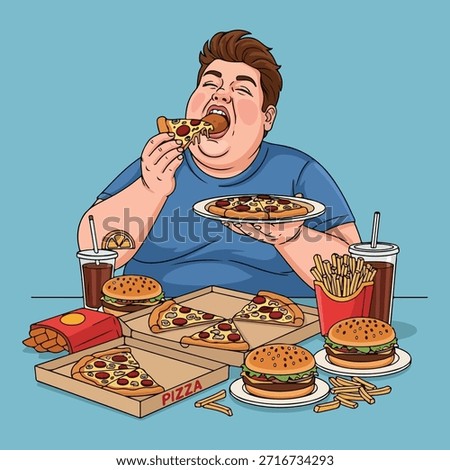 Vector illustration of an overweight man greedily eating pizza and fast food
