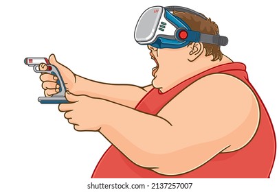 Ilustración vectorial de un hombre con sobrepeso jugando un juego usando gafas de realidad virtual, mantener joysticks o dedo como arma, jugar al tiro, aislado en blanco, Saludable, entretenimiento con nueva tecnología.