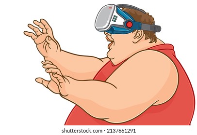 Vektorgrafik des übergewichtigen Mannschaftsspiels mit virtueller Realität Brille, freudig beide Hände nach vorn ausbreiten, einzeln auf weiß, gesund, hügelig Unterhaltung mit neuen technologischen Trends.