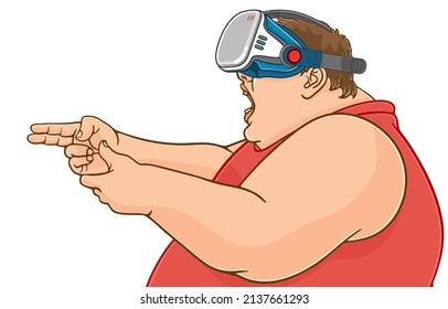Ilustración vectorial de un hombre con sobrepeso jugando un juego con gafas de realidad virtual, haciendo gestos de armas como un juego de tiro, aislado en un entretenimiento blanco, saludable, hilarante con nuevas tendencias tecnológicas.