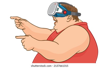Vector illustration of overweight man playing game wearing virtual reality glasses,joyfully pointing with both hands at something,isolated on white,Healthy,Entertainment with new technology trends.