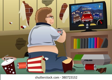 A vector illustration of overweight man playing game in living room  surrounded with trash