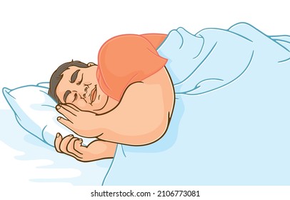 Vector illustration of overweight man sleeping happily on pillow in bed at home,free time,bedtime,good dreams,relaxing in bedroom,isolated on whtie background,Concept of human rest refreshes life.