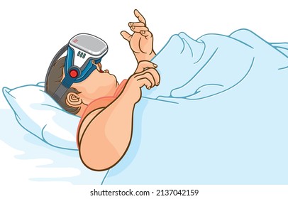 Vector illustration of overweight man sleeping happily on pillow in bed using VR goggles headset,virtual reality glasses,isolated on white,Quality sleep,right time to learn technology for obese people
