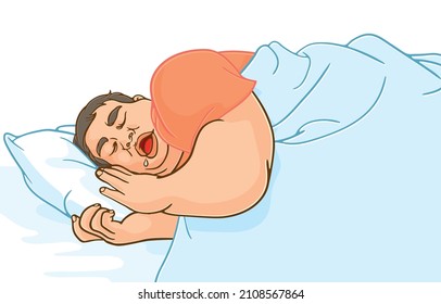 Vector Illustration Of Overweight Man Snoring On Pillow In Bed At Home,opened His Mouth Wide With Saliva Dripping At Corner Of His Mouth,isolated On White Background,Quality Sleep For Obese People.