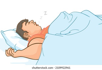 Vector illustration of overweight man snoring loudly on pillow in bed at home,opened his mouth wide,sleep comic zzz,icon,symbol,empty space,isolated on white background,Quality sleep for obese people.