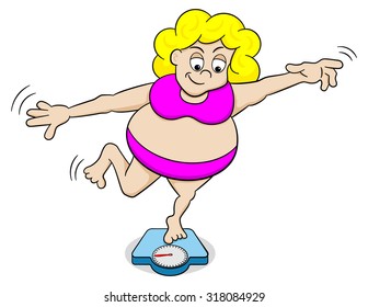 vector illustration of a overweight woman balancing on a bathroom scale