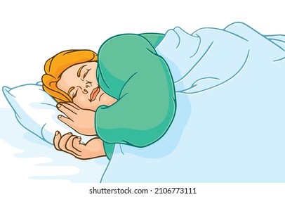 Vector illustration of overweight woman in green pajamas happily on pillow in bed at home,bedtime,good dreams,relaxing in bedroom,isolated on whtie background,Concept of human rest refreshes life.