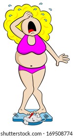 vector illustration of a overweight woman on bathroom scale