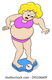 vector illustration of a overweight woman on bathroom scale