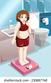 A vector illustration of overweight woman standing on a weight scale