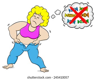 vector illustration of an overweight woman thinking about a diet without sweets