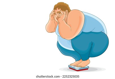 Vector illustration of overweight young man feeling scared or embarrassed,peeking,spying with eyes half-covered with hands when measuring weight using scales,on white,Health problems from obesity.