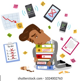 Vector illustration of an overwhelmed asian cartoon businessman breaking down on stack of binders isolated on white background