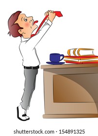 Vector illustration of overworked businessman pulling his necktie, teacup with files on office desk.
