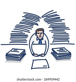 vector illustration of overworked businessman with work and papers falls on his head | modern flat design colorful cartoon icon isolated on white background