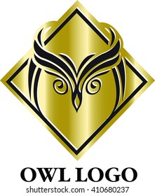 Vector illustration owl black and gold logo emblem template.