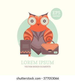 Vector illustration of an owl with a briefcase and a book. Decorative vector background for cards, invitations, banners.