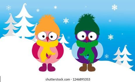 Vector illustration of owl children in the snowy woods in the winter.