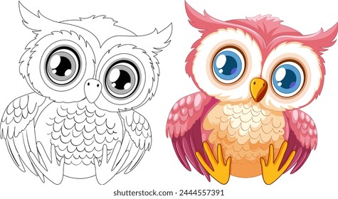 Vector illustration of an owl, colored and line art.