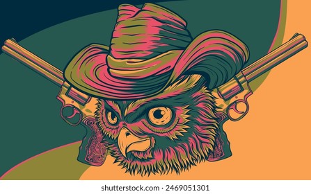 Ilustración vectorial de vaquero búho con sombrero y una pistola