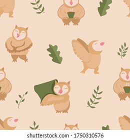 Vector illustration of an owl. With a cup of tea, a sleepy owl with a pillow, does gymnastics, sings. Cartoon owls on a beige background