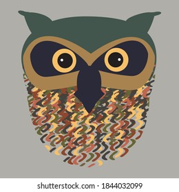 Vector illustration of an owl with decorative colored scribbles for feathers.