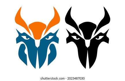ilustración vectorial de la cara de búho en azul, oro y negro, genial para iconos y logos, exploradores nocturnos, al aire libre.