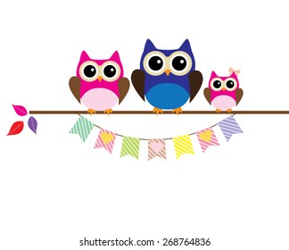 vector illustration of an owl family with bunting and hearts
