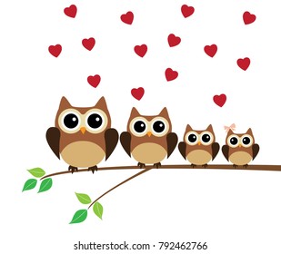 vector illustration of owl family in the tree with red hearts.