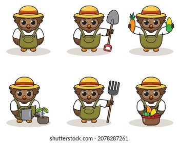Vector illustration of Owl farmer cartoon. Cute farmer character design with straw hat. Character flat design. isolated on white.