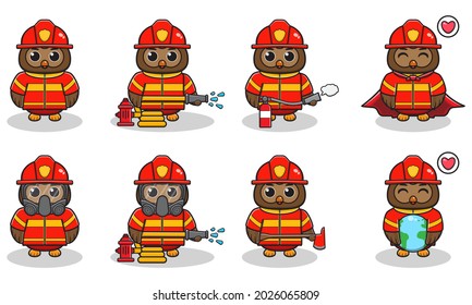 Vector Illustration Of Owl Firefighters Set. Fire Fighter Profession With Flat Design Style. Good For Icon, Label, Sticker, Clipart.