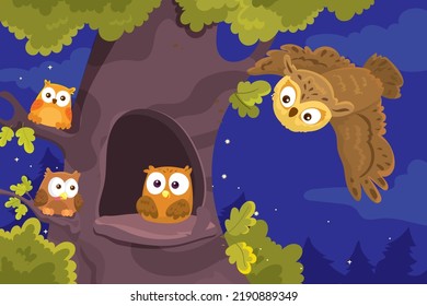 Vector illustration of owl flies to tree house with little owlets in the night forest