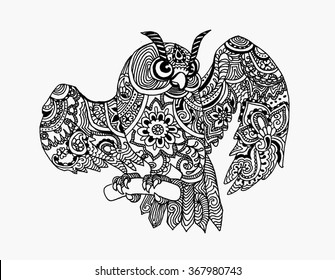 Vector illustration of owl. Owl with flowers on light background. Shaped and ornamental owl.