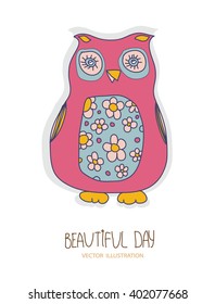  vector illustration of an owl with flowers on a white background with the words beautiful day, vector illustration, print on fabric, t-shirt, pillow