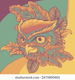 vector illustration of owl head with leaves