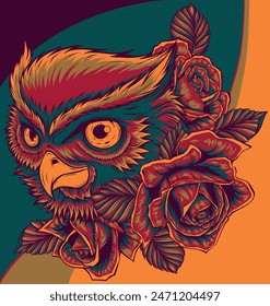 Vector illustration of owl head with rose flowers