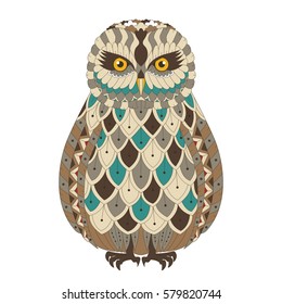Vector illustration of the owl, isolated. Artwork in ethnic and zentangle style. T-shirt, print, card, poster, tattoo design