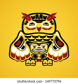 Vector illustration of an owl. Modern stylization of North American and Canadian native art in traditional colors