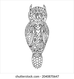 Vector illustration of an owl. Monochrome hand drawn doodle animal. Patterned vector illustration. Sketch for coloring page, tattoo, poster, print, t-shirt